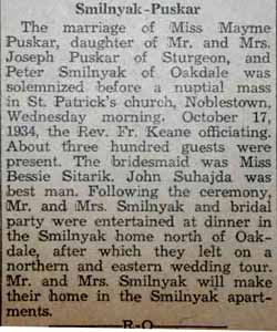 Marriage Notice for Peter SMILNYAK to Mayme Puskar, 17 Oct 1934