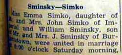 Part 1 Marriage Notice for William SMINSKY to Emma Simko, 26 Oct 1940