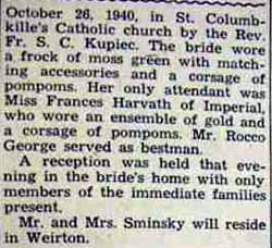 Part 2 Marriage Notice for William SMINSKY to Emma Simko, 26 Oct 1940
