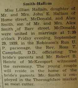 Marriage Notice for 
Alex SMITH to Lillian Hallam, 29 Sep 1939