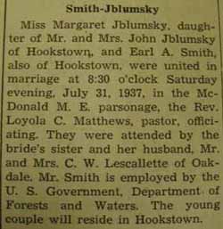 Marriage Notice for Earl A. SMITH to Margaret Jblumsky, 31 Jul 1937