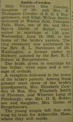 Marriage Notice for Wilbur SMITH to Virginia Mae Cowden, 16 Jun 1943