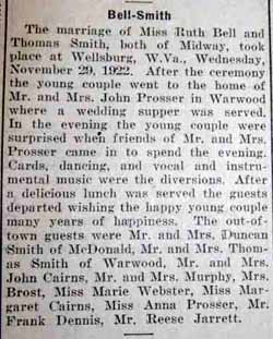 Marriage Notice for Thomas SMITH to Ruth Bell, 29 Nov 1922