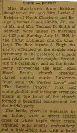 Part 1 Marriage Notice for Thomas Dixon SMITH, Jr. to Barbara Ann Bricker, 14 Jul 1946