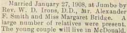 Marriage Notice for <b></b>Alexander SMITH to Margaret BRIDGE, Jan 27, 1908