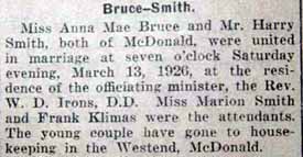 Marriage Notice for Harry SMITH to Anna Mae Bruce, 13 Mar 1926