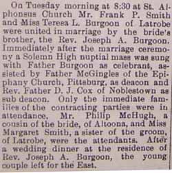 Marriage Notice for Frank P. SMITH to Teresa L. Burgoon, no date, in 10-9-1908 paper