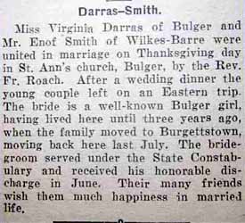 Marriage Notice for Enof SMITH to Virginia Darras, Thanksgiving day, 1924