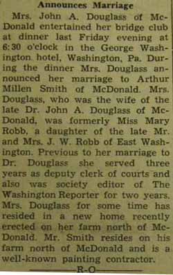 Marriage Notice for Arthur Miller SMITH to Mrs. Mary Robb Douglass, no date, in 6-9-1939 paper