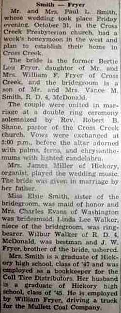 Marriage Notice for Paul L. SMITH to Bertie Lou Fryer, 31 Oct 1947