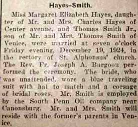 Marriage Notice for Thomas SMITH, Jr. to Margaret Elizabeth Hayes, 19 Dec 1924