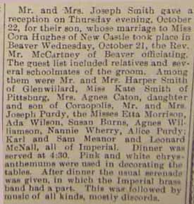 Marriage Notice for (no first name given) SMITH to Cora Hughes, 21 Oct 1908