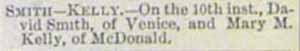 2nd Article Marriage Notice for David SMITH to Mary M. Kelly, 10 Sep 189