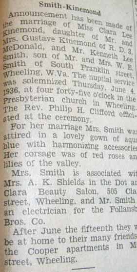 Marriage Notice Kenneth Lee SMITH to Clara Lee Kinemond, 4 Jun 1936