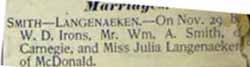 Marriage Notice for Wm. A. SMITH to Julia Langenaeken, 29 Nov 1900