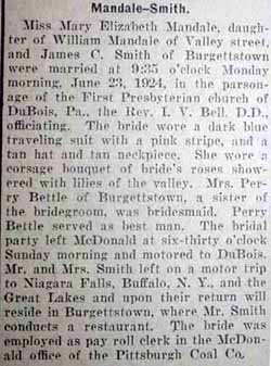 Marriage Notice for James C. SMITH to Mary Elizabeth Mandale, 23 Jun 1924