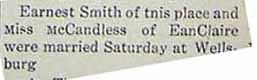 Marriage Notice for <b> </b>Ernest SMITH to Miss __ McCANDLESS, Sat., no date, 1915, in Jan. 23, 1915 paper