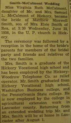Marriage Notice for Matthew Maxwell SMITH to Virginia Ruth McCalmont, 22 Jun 1938