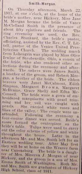 Marriage Notice for Vance McClelland SMITH to Jane M. Morgan, 22 Mar 1917