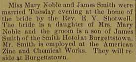 Marriage Notice for James SMITH to Mary Noble, no date, in 6-19-1914 paper