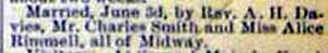 Marriage Notice for Mr. Charles SMITH and Miss Alice RIMMELL, June 3d, 1896