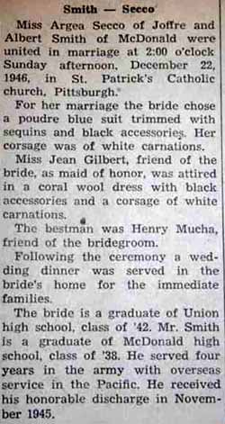 Marriage Notice for Albert SMITH to Argea Secco, 22 Dec 1946