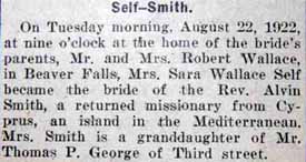 Marriage Notice for Alvin SMITH to Sara Wallace Self, 22 Aug 1922