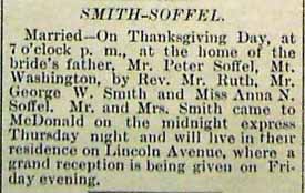 Marriage Notice for George W. SMITH to Anna N. Soffel, no date, in 12-2-1893 paper