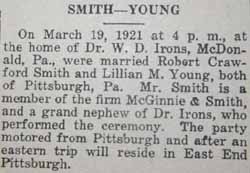 Article 1 Marriage Notice for Robert Crawford SMITH to Lillian M. Young, 19 Mar 1921