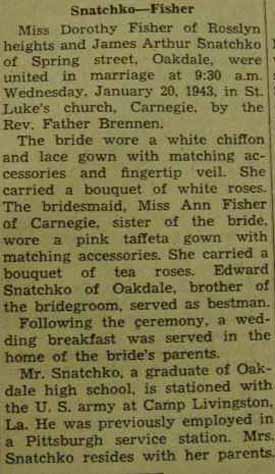 Marriage Notice for James Arthur SNATCHKO to Dorothy Fisher, 20 Jan 1943