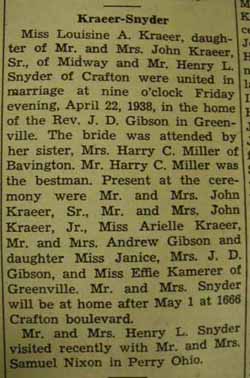 Marriage Notice for Henry L. SNYDER to Louisine A. Kraeer, 22 Apr 1938