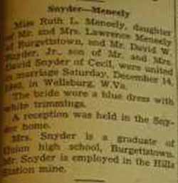 Marriage Notice for David W. SNYDER, Jr. to Ruth L. Meneely, 14 Dec 1940