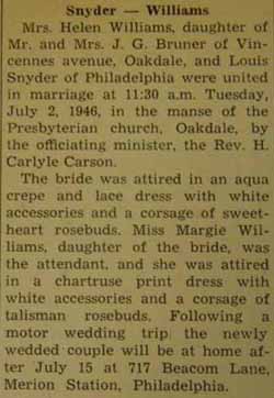 Marriage Notice for Louis SNYDER to Mrs. Helen Williams, 2 Jul 1946