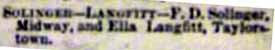 Marriage Notice for F. D. SOLINGER to Ella Langfitt, no date, in 2-20-1897 paper
