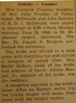 Marriage Notice for John SOMSKY to Lorraine Couderc, 24 June 1946
