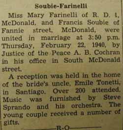 Marriage Notice for Francis SOUBIE to Mary Farinell, 22 Feb 1940