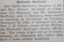 Marriage Notice for Alexander SOUFFRANT to Edith McGinnis, 21 Nov 1922
