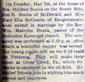 Marriage Notice for Ben B. SOULES to Mary Ella McCombs, 7 May 1907
