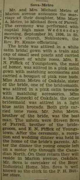 Marriage Notice for Michael SOVA to Mary A. Metro, 30 Sep 1936