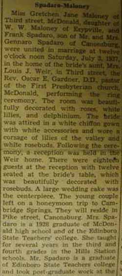 Part 1 Marriage Notice for Frank SPADARO to Gretchen Jane Malone, 3 Jul 1937