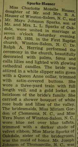 Part 1 Marriage Notice for Mayo Johnson SPARKS to Charlotte Mozelle Hauser, 23 Apr 1938