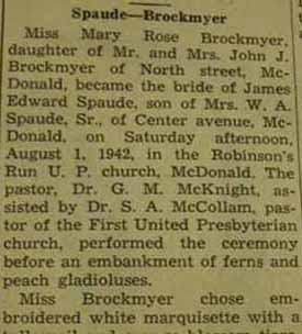 Part 1 Marriage Notice for James Edward SPAUDE to Mary Rose Brockmyer, 1 Aug 1942