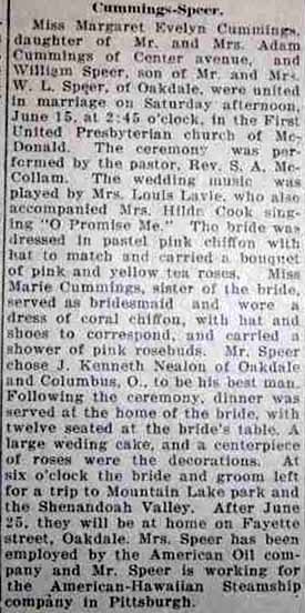 Marriage Notice for William SPEER to Margaret Evelyn Cummings, 15 Jun 1929