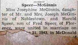 Marriage Notice for Harold SPEER to Josephine McGinnis, 21 Jun 1943