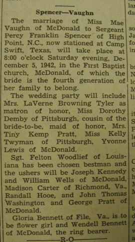 Marriage Notice for Percy Franklin SPENCER to Mae Vaughn, 5 Dec 1942