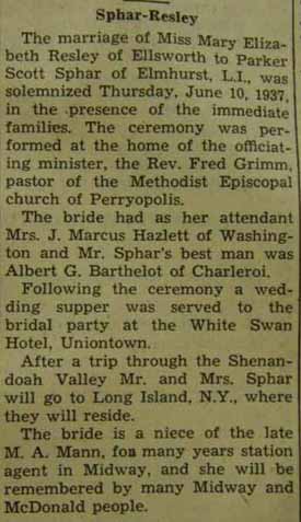 Marriage Notice for Parker Scott SPHAR to Mary Elizabeth Resley, 10 Jun 1937