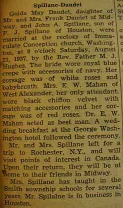 Marriage Notice for John A. SPILLANE to Golda May Daudet, 21 Aug 1937