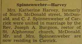 Marriage Notice for C. J. SPINNENWEBER to Mrs. Katherine Harvey, no date, in 8-27-1943 paper