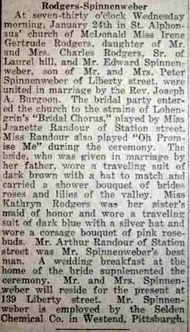 Marriage Notice for Edward SPINNENWEBER to Irene Gertrude Rodgers, 24 Jan 1923