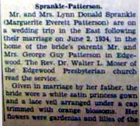 Part 1 Marrriage Notice for Lynn Donald SPRANKLE to Marguerite Everett Patterson, 2 Jun 1934